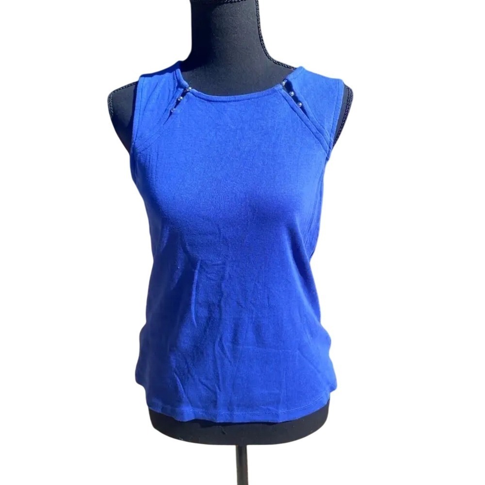 Womens Sleeveless Tank Top Blue Casual Embellished Neckline